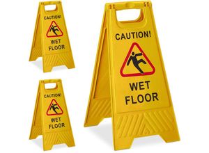 4052025281724 - Relaxdays - 3 x Achtung Rutschgefahr Aufsteller Englisch Warnschild Caution Wet Floor 2-seitig beschriftet klappbar gelb