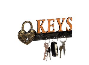 4052025289843 - Schlüsselbrett 5 Haken Vorhängeschloss & Keys-Schriftzug Gusseisen Vintage hbt 10x26x3 cm orange schwarz - Relaxdays