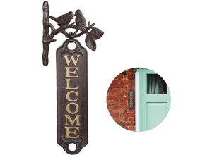 4052025290085 - Welcome Schild Vögel Antik-Design Willkommensschild für Wand Garten Gusseisen 395 cm hoch braun gold - Relaxdays