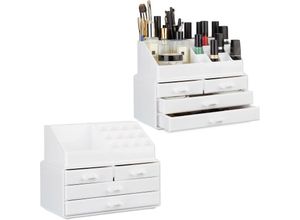 4052025290115 - Relaxdays - 2 x Make Up Organizer klein 2-teilige Schmink Aufbewahrung Acryl mit Lippenstifthalter und je 4 Schubladen weiß