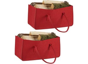 4052025296131 - Relaxdays - 2 x Kaminholztasche aus Filz tragbarer Feuerholzkorb faltbarer Zeitungshalter HxBxT 25 x 25 x 50 cm Filztasche rot