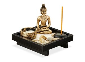 4052025299361 - Zen Garten mit Buddha Steinen Sand Räucherstäbchen & Teelichthalter Entspannung Feng Shui Deko schwarz - Relaxdays