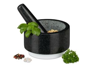 4052025299545 - Relaxdays - Granit Mörser mit Stößel langlebig Gewürze Kräuter rutschfest Steinmörser ø 14 cm 400 ml grau weiß