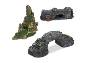 4052025299705 - Aquarium Deko Set 3-tlg Felsen Baumstamm Höhle Brücke Aquarien Zubehör Einrichtung aus Polyresin grau - Relaxdays