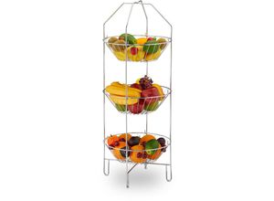 4052025300548 - Obst Etagere 3-stöckig xxl Obstkorb stehend Küche Aufbewahrung Gemüse Metall hbt 80 x 33 x 32 cm silber - Relaxdays