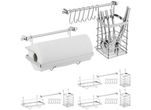 4052025302078 - Relaxdays - 4 x Küchenutensilienhalter Set Edelstahl-Optik Küchenrollenhalter Abtropfgestell Hängeleisten 6 Haken silber