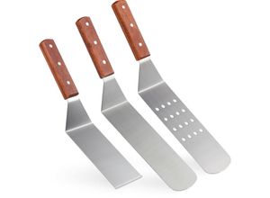 4052025307295 - Grill Pfannenwender Edelstahl 3er Set 2 Plancha Wender 1 Grillspachtel Profi Teppanyaki Zubehör rotbraun - Relaxdays