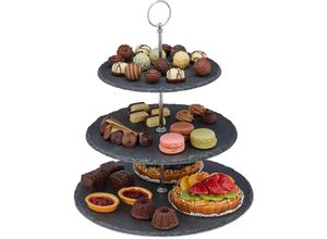 4052025307325 - Etagere 3 Etagen Schiefer Kuchen Snacks Obst Metallgriff Servierständer HxD 34x30 cm anthrazit silber - Relaxdays