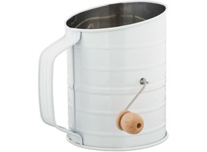 4052025308384 - Relaxdays - Retro Mehlsieb feinmaschig Edelstahl mit Kurbel ø 11 cm für Mehl Puderzucker Kakao Mehlstreuer weiß