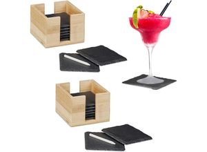 4052025311711 - Relaxdays - 16 x Schiefer Untersetzer im Set Glasuntersetzer mit 2 x Bambusbox Kreide zum Beschriften eckig 10x10 cm natur