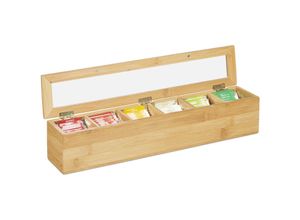 4052025314606 - Teebox Bambus 6 Fächer 72 Teebeutel Klappdeckel Aromaschutz längliche Teekiste hbt 9 x 44 x 9 cm natur - Relaxdays