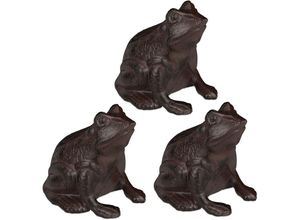 4052025317553 - Relaxdays - 3 x Gartenfigur Frosch sitzend aus Gusseisen antike Optik wetterfest Gartendeko Balkon Froschfigur braun