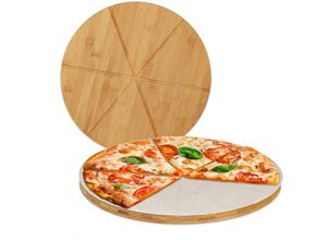 4052025321499 - Relaxdays - Pizzabrett Bambus 2er Set runde Pizzateller 33 cm ø inkl Backpapier Pizza Schneidebrett mit Rillen natur