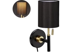 4052025322281 - Wandleuchte runder Stoffschirm Zugschalter Kabel mit Stecker Wandlampe hbt 32 x 13 x 18 cm schwarz-gold - Relaxdays