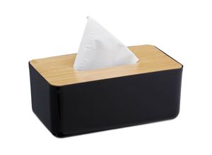 4052025326487 - Taschentuchbox nachfüllbar Badezimmer Tücherbox Bambus-Deckel Kunststoff hbt 10x23x13 cm schwarz natur - Relaxdays