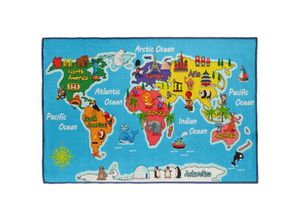 4052025326784 - Kinderteppich Weltkarte 150x100 cm Spielteppich Kurzflor Anti Rutsch Beschichtung Tiere und Ozeane blau - Relaxdays