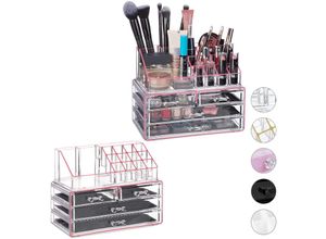 4052025332495 - Relaxdays - 2 x Make Up Organizer Acryl 2-teilige Schminkaufbewahrung mit Lippenstifthalter & je 4 Schubladen transparent pink