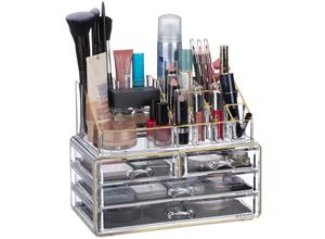 4052025332501 - Relaxdays - 1 x Make Up Organizer Acryl 2-teilige Schminkaufbewahrung mit Lippenstifthalter & 4 Schubladen transparent gold