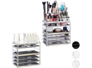 4052025333911 - Relaxdays - 2 x Kosmetikorganizer mit 6 Schubladen je 22 Fächer Make Up Organizer Schmink-Aufbewahrung Acryl transparent gold