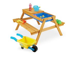 4052025338442 - Kindersitzgruppe Holz 2in1 Spieltisch & Matschküche Picknicktisch für Garten HxBxT 49 x 90 x 85 cm natur - Relaxdays