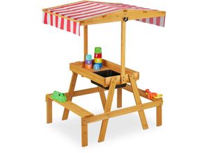 4052025338459 - Kindersitzgruppe Sitzbank mit Spieltisch Sonnenschutz Outdoor Holz Matschküche hbt 110 x 65 x 83 cm natur - Relaxdays