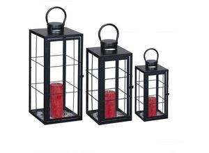 4052025342555 - Laternen 3er Set Dekolaternen für draußen & drinnen 3 Größen Metall Glas Windlichter für Kerzen schwarz - Relaxdays