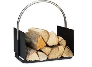 4052025343385 - Kaminholzkorb Metall vernickelter Griff Brennholzkorb innen Holztrage HxBxT 435 x 405 x 30 cm schwarz - Relaxdays