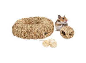 4052025344412 - Relaxdays Hamster Zubehör Set 5 tlg Hamstertunnel Grasnest & 3 Bälle Stroh Gras Käfigzubehör Nager Mäuse natur