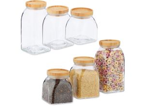 4052025348595 - Relaxdays - 6 x Vorratsglas Größen 600 1000 1400 ml Aufbewahrungsglas für Müsli Pasta Linsen Bambusdeckel transparent natur