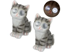 4052025350598 - Relaxdays - 2 x Gartenfigur Katze Figur mit led Solaraugen Kunstharz Deko für Garten Balkon HxBxT 23 x 12 x 14 cm grau