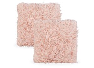 4052025353148 - Fellkissen 2er Set flauschige Kissen mit Füllung & Bezug Fellimitat 45x45 cm Fluffy Zottelkissen rosa - Relaxdays