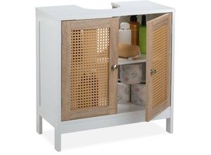 4052025353438 - Relaxdays - Waschbeckenunterschrank 60 cm breit 2 Fächer Siphon-Aussparung Rattan-Türen Badunterschrank weiß  natur