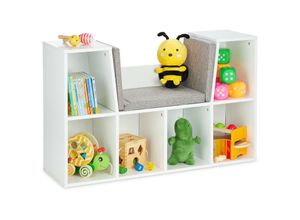 4052025353636 - Bücherregal mit Sitzkissen Kinderregal mit 6 Fächern 63x103x30 cm gepolstert Sitzbank Kinderzimmer weiß - Relaxdays