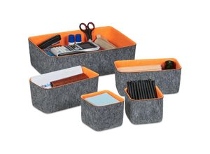 4052025353728 - Schubladen Organizer Filz 5-teiliges Ordnungssystem für Schreibtisch 3 Größen Filzkörbchen grau orange - Relaxdays