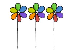 4052025356576 - Windrad Blume 3er Set Deko Gartenstecker für Balkon Terrasse & Garten hbt 67 x 28 x 6 cm Regenbogen bunt - Relaxdays