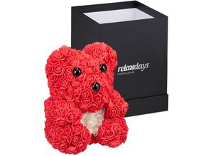 4052025358211 - Rosen Teddybär mit Herz inkl Geschenkbox Geschenk Frauen 300 weiche Schaumrosen Blumenbär rot weiß - Relaxdays