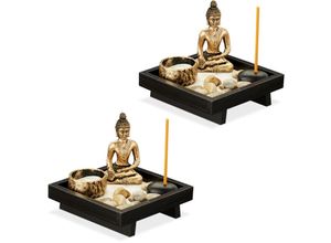 4052025366070 - Relaxdays - 2 x Zen Garten mit Buddha Steinen Sand Räucherstäbchen & Teelichthalter Entspannung Feng Shui Deko schwarz