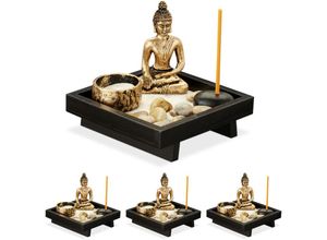 4052025366087 - Relaxdays - 4 x Zen Garten mit Buddha Steinen Sand Räucherstäbchen & Teelichthalter Entspannung Feng Shui Deko schwarz