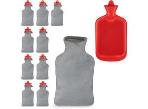 4052025366681 - Relaxdays - 10 x Wärmflasche mit Bezug flauschige Kuschelwärmeflasche 15 Liter Bettflasche geruchsneutraler Naturgummi grau rot