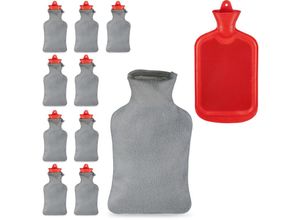 4052025366711 - Relaxdays - 10 x Wärmflasche mit Bezug flauschige Kuschelwärmeflasche 2 Liter Bettflasche geruchsneutraler Naturgummi grau rot