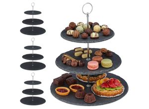 4052025372514 - Relaxdays - 4 x Etagere mit 3 Etagen Schiefer Kuchen Snacks Obst Metallgriff Servierständer HxD 34x30 cm anthrazit silber