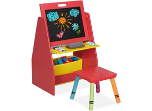 4052025375218 - Relaxdays Kinderregal mit Tafel Spielzeugregal 2 Fächer & Stoffbox HBT 84 x 52 x 45 cm Spieltafel mit Hocker rot