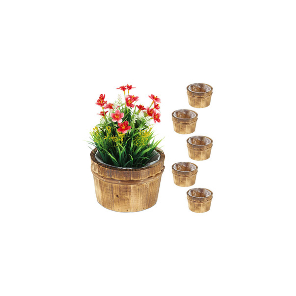 4052025375959 - Relaxdays - Holz Blumentopf 6er Set Garten Deko zum Bepflanzen Balkon und Fensterbank HxD 10 x 16 cm Übertopf natur