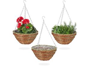 4052025376598 - Blumenampel 3er Set Rattan Korbgeflecht handgefertigt mit Folie Hängetopf HxD 16 x 31 cm grün-braun - Relaxdays