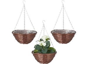 4052025376642 - Relaxdays - Blumenampel 3er Set Durchmesser 30cm bepflanzbare Innenfolie Blumen und Pflanzen Weide & Eisen braun