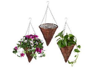 4052025376659 - Relaxdays - Blumenampel 3er Set Weide Korbgeflecht handgefertigt Folie Eisenkette Hängetopf HxD 30 x 25 cm braun