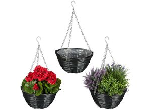 4052025376673 - Relaxdays Blumenampel 3er Set Weide Korbgeflecht handgefertigt Folie Eisenkette Hängetopf HxD 13 x 25 cm schwarz