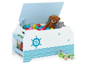 4052025377946 - Spielzeugtruhe Seemann Spielzeugkiste mit Deckel hbt 46 x 84 x 425 cm Bücherfach Spielzeugbox weiß blau - Relaxdays