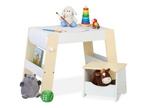 4052025377953 - Kindersitzgruppe Tisch & Hocker Spiel & Aufbewahrung Rolle für Zeichenpapier Kindertisch Set weiß beige - Relaxdays