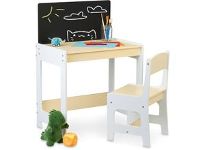 4052025377984 - Kindersitzgruppe Tisch & Stuhl Kindertisch mit Tafel zum Malen & Basteln Kindersitzkombination weiß beige - Relaxdays